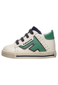 Sneaker bianca in pelle con un design verde e navy, caratterizzata da dettagli perforati, lacci a contrasto e una suola in gomma testurizzata.
