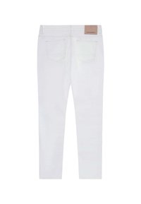Jeans bianchi in denim con una vestibilità slim, dotati di due tasche posteriori e un'etichetta in pelle marrone sulla vita. Tessuto liscio e cuciture uniformi.