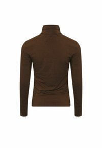 Barna garbó, puha anyagból készült, hosszú ujjal és testhez simuló vonallal. Sima felület, minimális részletezéssel.