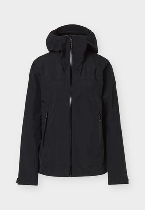 Crna jakna s kapuljačom, prednjim patentnim zatvaračem i dva patentna bočna džepa, dugim rukavima i podesivim trakama na zapešćima.