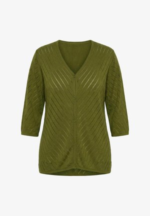 Cardigan en maille vert olive avec col en V, fermeture boutonnée sur le devant, manches trois-quarts, et motif ajouré en diagonale.