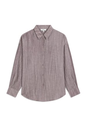 Langärmliges Button-Down-Hemd in staubigem Mauve mit einem strukturierten Stoff, der subtile weiße Sprenkel aufweist, und einem klassischen Kragen.