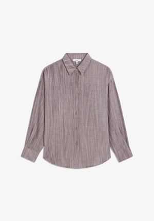 Camicia button-up a maniche lunghe in mauve polveroso con un tessuto testurizzato caratterizzato da una leggera puntinatura bianca e colletto classico.