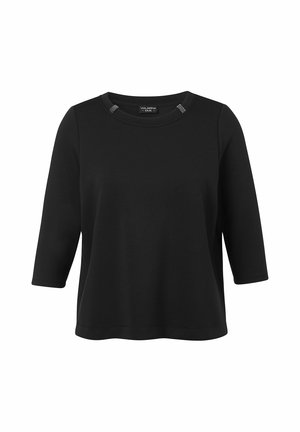 Black long-sleeve shirt with a round neckline and small decorative stitches near the collar, displayed on a white background.
