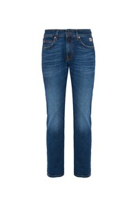 Jeans in denim blu a gamba dritta con tasche anteriori e posteriori, passanti per cintura e dettagli di cucitura arancione.