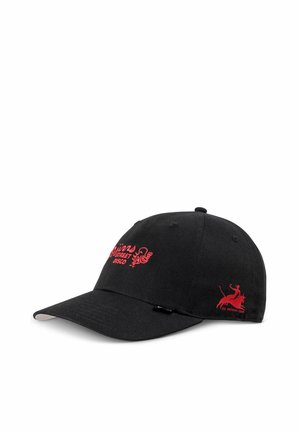 Black cap made of cotton, featuring red embroidered logos on the front and side. Bill is curved; design is simple and casual.