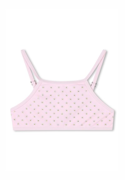 Bralette rosa pallido con spalline sottili e regolabili, caratterizzato da decorazioni floreali su tutta la superficie e un tessuto liscio e elasticizzato.