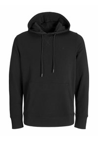 Black hooded sweatshirt made of soft fabric, featuring a front pocket, drawstrings with metal tips, and ribbed cuffs and hem.