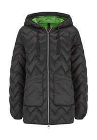 Giacca nera imbottita con un motivo a zigzag, dotata di cappuccio, foderata di verde, con chiusura a zip frontale e due ampie tasche anteriori.