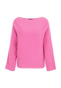 Pull-over en maille côtelée rose avec un large col bateau et des manches longues évasées. Texture douce et coupe décontractée pour un confort optimal.