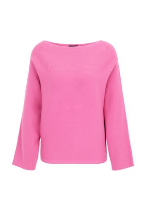 Roze geribbelde gebreide trui met een brede boothals en lange, uitlopende mouwen. Zachte textuur en relaxte pasvorm voor extra comfort.