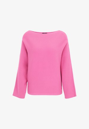 Pink ribbed knit pullover with a wide boat neckline and long, flared sleeves. Soft texture and relaxed fit enhance comfort.
