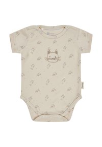 Beige baby bodysuit with small floral prints and a simple cat face illustration on the chest, featuring snap buttons on shoulders and crotch.