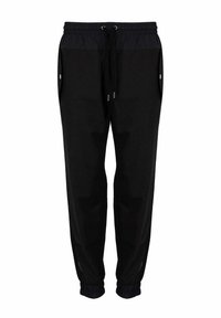Zwarte joggingbroeken met elastische tailleband en trekkoord. Voorzien van zijzakken, elastische boorden en een contrasterend marineblauw bovenpaneel.
