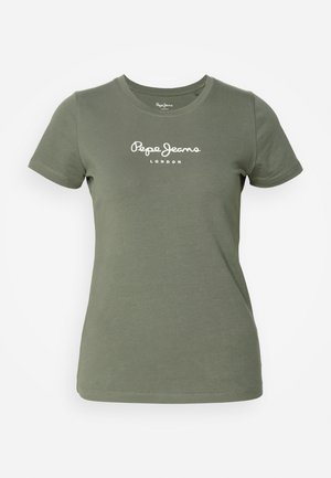 T-shirt en coton vert olive avec col rond et manches courtes. Présente un logo "Pepe Jeans London" imprimé sur le devant en blanc.