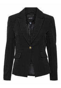 Černý blazer vyrobený z hladké tkaniny s jedním zlatým knoflíkem, dvěma předními kapsami, špičatými klopami a přiléhavým střihem se strukturovanými ramenními částmi.