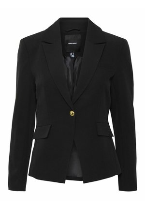 Zwarte blazer van gladde stof met een enkele gouden knop, twee voorzakken, gestructureerde revers en een getailleerde pasvorm met opgevulde schouders.