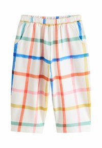 Valged puuvillased ruudulised püksid, millel on värvilised triibud punases, sinises, rohelises ja kollases toonis, elastse vöökoha ja küljetaskutega.