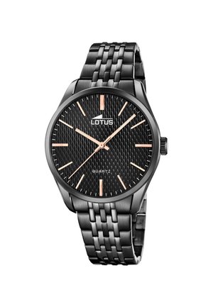 Zegarek na rękę Black Lotus z kwarcowym mechanizmem, tarczą o fakturze, różowo-złotymi znacznikami godzin i wskazówkami oraz bransoletą z połączonych metalowych ogniw.