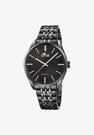 Zegarek na rękę Black Lotus z kwarcowym mechanizmem, tarczą o fakturze, różowo-złotymi znacznikami godzin i wskazówkami oraz bransoletą z połączonych metalowych ogniw.