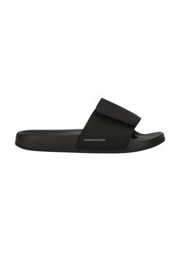 Sort slip-in sandal med en glat overflade, justerbar rem, flad sål og "ENDURANCE" mærkning på siden. Enkel og funktionel design.