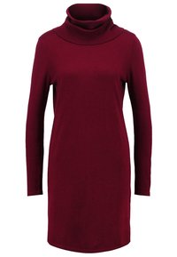 Abito a collo alto bordeaux, maniche lunghe, materiale morbido a maglia, lunghezza al ginocchio, design aderente, texture liscia, dettagli minimi.