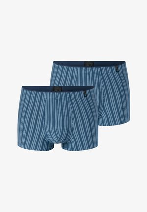 Deux paires de boxers bleus à rayures blanches verticales avec des ceintures bleu foncé, présentées côte à côte sur un fond blanc.