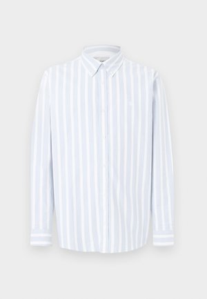 Light blue and white striped long-sleeve shirt, button-down collar, cotton fabric, features small logo on the chest, straight cut.