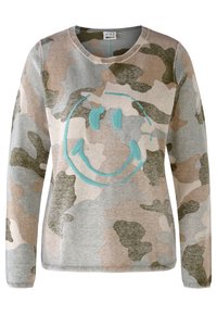 Felpa con cappuccio in motivo mimetico con tonalità di grigio, beige e verde. Presenta un viso sorridente ricamato in turchese sul davanti.