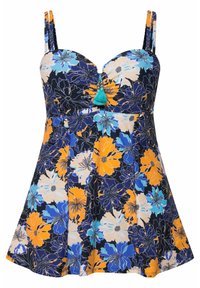 Blumenkleid für den Schwimmbad mit navyfarbener Basis, versehen mit großen orangen, blauen und weißen Blumen. Enthält verstellbare Träger und einen dekorativen türkisfarbenen Quasten.