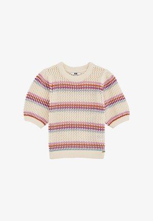 Krémszínű kötött pulóver laza szövettel. Függőleges csíkokkal rendelkezik piros, rózsaszín és kék színben. Bordás nyakkivágás és mandzsetták, rövid ujjak.