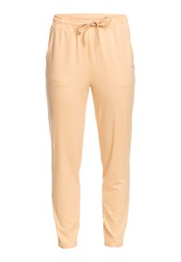 Perzikkleurige taperende sweatpants met een elastische tailleband, trekkoord, zijzakken en een soepele stoftextuur. Eenvoudig, minimalistisch ontwerp.