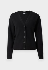 Svart långärmad knapplös cardigan med V-ringning och ribbade manschetter, visad mot en enkel vit bakgrund.