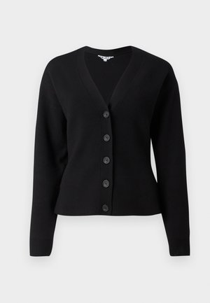 Cardigan noir à manches longues avec boutons, décolleté en V et poignets côtelés, présenté sur un fond blanc uni.