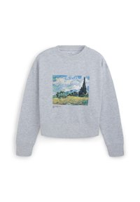 Felpa grigia con stampa quadrata sul davanti di un dipinto paesaggistico con cielo blu, campi verdi e cipressi. Design classico con collo a giro. 