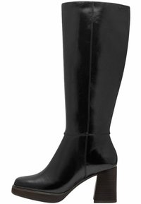 Black knee-high leather boot with block heel and rounded toe, featuring visible stitching and a smooth, polished finish.