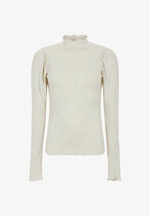 Ilgi piedurkņu turtlenecks tops gaiši bēšā krāsā, ar teksturētu ribas audumu, saplacinātiem pleciem un viļņveida apakšmalu.