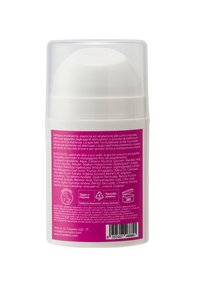 Contenitore di plastica bianco con un tappo rotondo, etichetta rosa con dettagli sul prodotto, codice a barre e istruzioni per il riciclo sul retro.