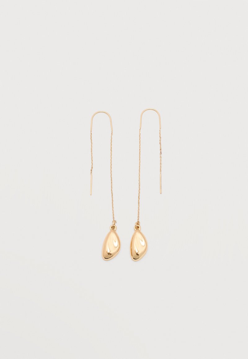 Λεπτά σκουλαρίκια με χρυσή αλυσίδα και μικρά, λεία, ακανόνιστα χρυσά κρεμαστά στο τέλος.