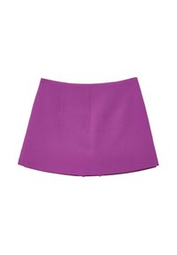 Gonna mini viola con un orlo dritto, realizzata in tessuto morbido con una leggera lucentezza e due pieghe frontali per un maggiore supporto.
