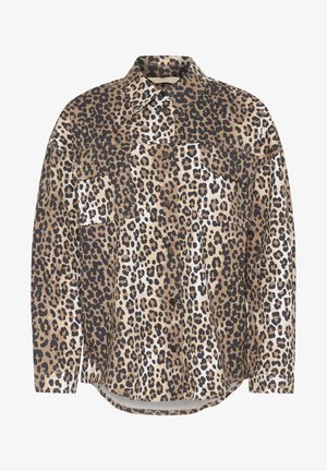 Srajca s leopardim uzorkom izrađena od tkanine, s prednjim gumbima, ovratnikom i dva džepa na prsima. U bež, crnoj i bijeloj boji s raznim uzorcima.