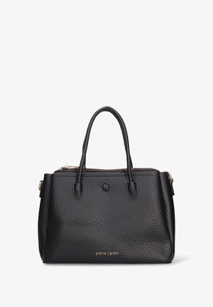 Zwarte handtas van gestructureerd kunstleer, met twee handgrepen bovenaan, ritssluiting en goudkleurige hardware met een subtiel logoaccent.