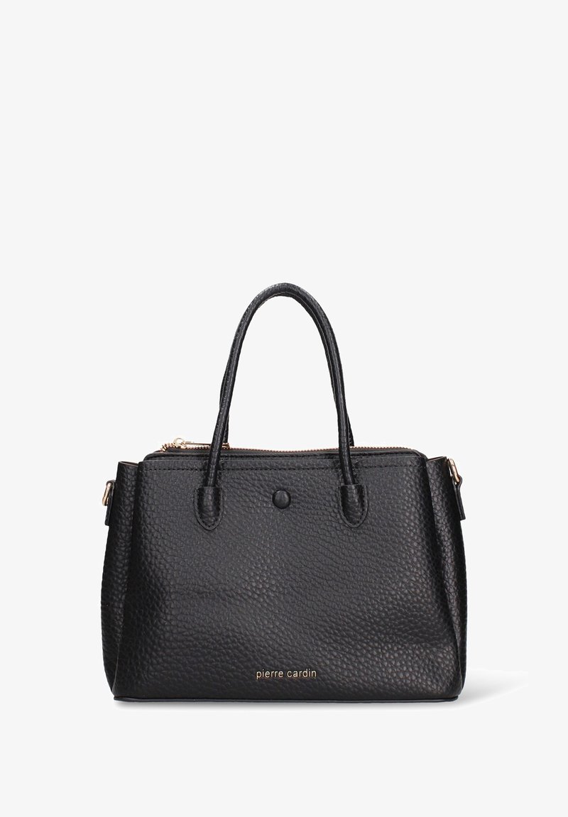 Sac à main noir en simili cuir texturé, avec deux poignées supérieures, fermeture éclair et accessoires dorés ornés d'un discret logo.