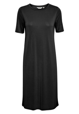 Črna obleka s kratkimi rokavi in okroglim izrezom, izdelana iz mehkega materiala. Ima naraven silhueto in pada tik nad kolenom.