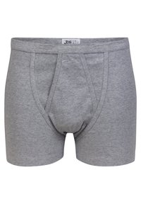 Grå bomulds boxershorts med en glat tekstur, der har en bred talje og en frontlomme. Minimalistisk design uden synlige mønstre eller accenter.
