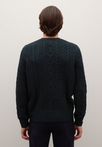Dunkelgrüner Strickpullover mit strukturiertem Zopfmuster, rundem Ausschnitt sowie gerippten Bündchen an Ärmeln und Saum. Weicher, dichter Stoff.