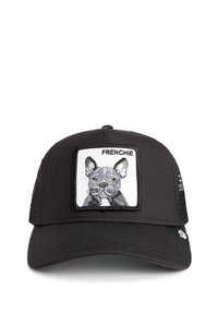Black cap with mesh sides featuring a white square patch depicting a cartoon French Bulldog and the text "FRENCHIE" above the image.