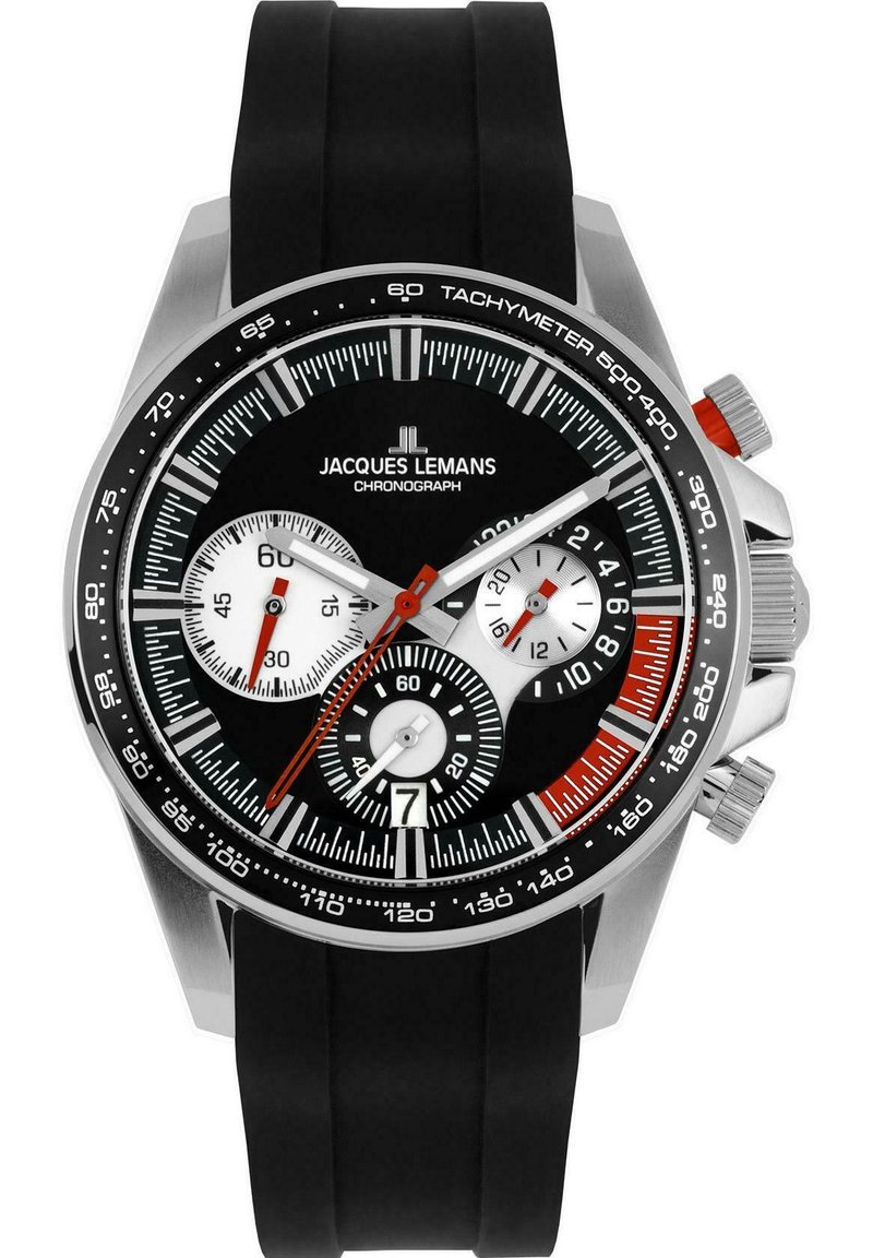 Jacques Lemans Chronograph-Uhr mit schwarzem Gummiarmband, Gehäuse aus Edelstahl, schwarzem Zifferblatt, weißen Nebenzifferblättern und roten Akzenten.