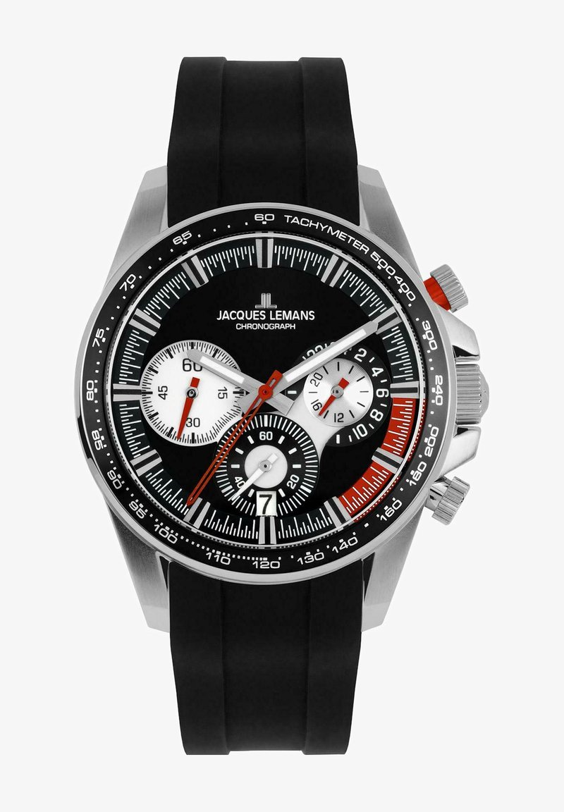 Jacques Lemans Chronograph-Uhr mit schwarzem Gummiarmband, Gehäuse aus Edelstahl, schwarzem Zifferblatt, weißen Nebenzifferblättern und roten Akzenten.