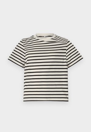 Röstripulise T-särgi ümmargune kaelus, kerge puuvillane materjal, ühtlaselt jaotatud mustade ja kreemjate triipudega, lühikesed varrukad ning mugav lõige.